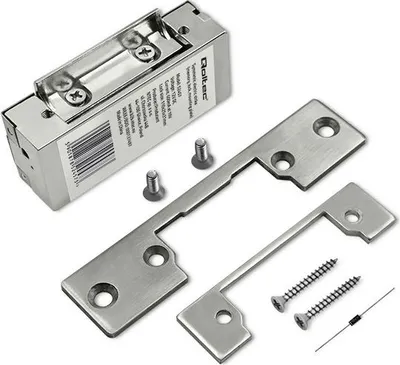 A product shot of an electric door lock and its mounting accessories on a white background.