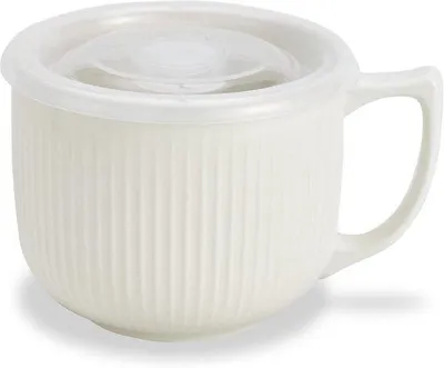 Produktbild von Keramische Suppenschüssel 32oz – Mikrowellensuppen Topf mit Deckel – Weiß – für Haferflocken, Reis, Nudeln & Suppen