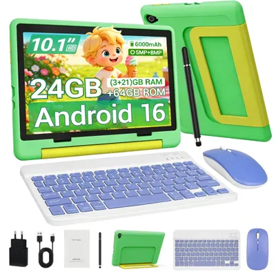 Produktbild von JENBIZZ Kinder Tablet 10 Zoll, Android 16, 24GB RAM, 64 GB, 6000 mAh, 8 MP Kamera, Widevine L1, mit Tastatur, Maus & Stift