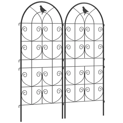 Image de Outsunny Jeu de 2 treillis métalliques inoxydables Support pour plantes grimpantes avec design d'oiseaux Noir