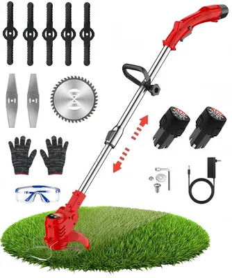 Produktbild von Akku-Rasentrimmer, 12V Elektrischer Rasenschneider mit 2 Batterie und Ladegerät, Teleskop-Stiel & Zusatzhandgriff, Rot