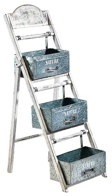 Produktbild von Kobolo Blumenleiter Blumentreppe - drei Etagen Schubladen klappbar - Vintage - Weiß Grau - Pflanzen Dekoleiter Bücher Wohnzimmer Living Room Home Deco