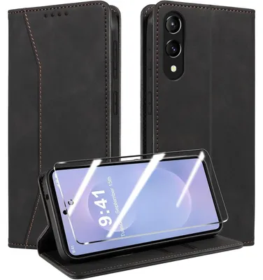 Obrázek produktu pro Obal na mobil Samsung Galaxy S25 Edge 5G, skládací, s ochrannou fólií, kožený, černý