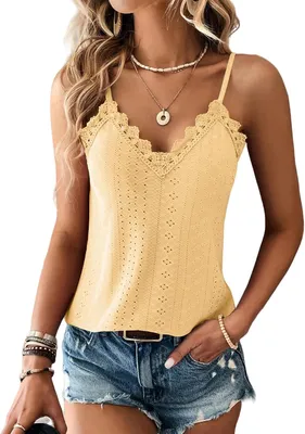 Produktbild von Tanktop Damen, V-Ausschnitt, Spitzendetail, Spaghettiträger, für Sommer