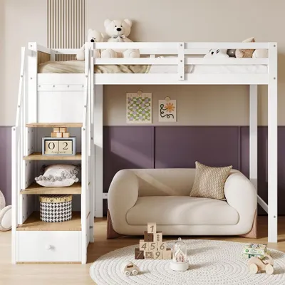 Immagine prodotto di Letto a castello 90x200 cm in pino, MDF e compensato, bianco e naturale, con sponde di sicurezza, e scrivania con 3 cassetti
