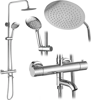 A collage of different views of a chrome shower set.