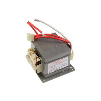 A transformer with wires attached, isolated on a white background.