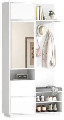 Zdjęcie produktu dla Zestaw mebli do przedpokoju - meble do holu - lustro - ławka - szafka na buty - haczyki na ubrania - białe płyty MDF - wymiary: 120 x 40 x 180 cm