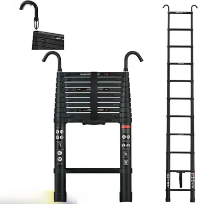 Image de Echelle télescopique Deluxe - 3,2m aluminium - Echelle droite multifonctionnelle avec pieds antidérapants et 2 crochets - Max. Charge maximale 150kg
