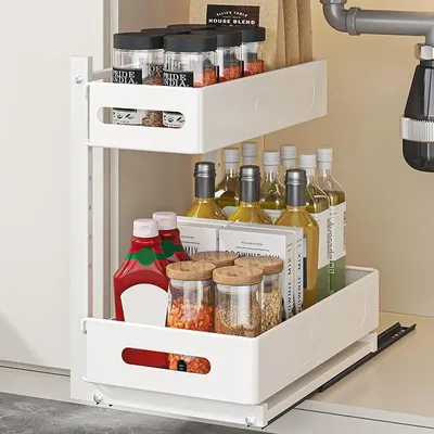 Produktbild von PolkaHome® 2-stöckiger ausziehbarer Unterbau-Organizer für Küche und Bad, weiß, mit Schubladen und Haken