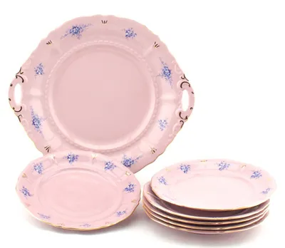 Produktbild von Leander Tortengarnitur Sonata, blaue Blumen, rosa Porzellan, Leander, 7 Stück