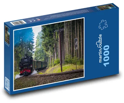 Obrázok produktu pre Puzzle 1000 Parná lokomotíva v lese na koľajniciach - martinpuzzle