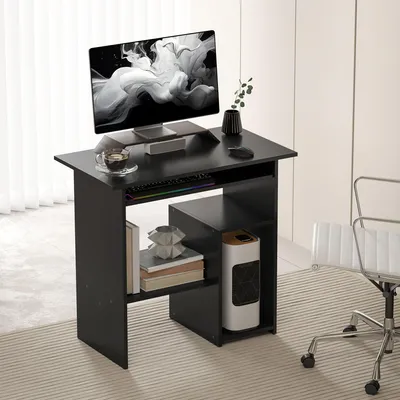 Produktbild von SUGIFT Schreibtisch mit Regal, Computertisch mit Tastaturauszug, Spanplatte, Schwarz | Melaminbeschichtung | bis18,5 kg | 80 x 45 x 75 cm