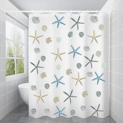 Produktbild von Duschvorhang 180 x 180 cm, wasserdicht und schimmelresistent aus PEVA, mit 12 Duschvorhangringen, Seesternmuster
