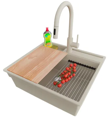 Produktbild von PRIMAGRAN Granitspüle Beige 58x53cm, Spülbecken 1 Becken + Ablauf-Set + Küchenzubehörset, Küchenspüle ab 60er Unterschrank - Oslo Pocket