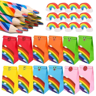 Produktbild von Regenbogen Buntstifte Set mit Geschenktaschen, Radiergummis und Aufklebern für Kinder