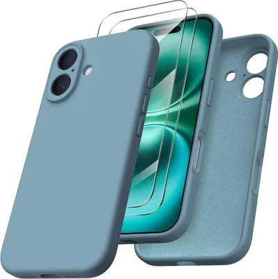 Zdjęcie produktu dla Etui ORNARTO iPhone 16 płynna silikonowa ochrona aparatu 2 folie ochronne niebiesko-zielony