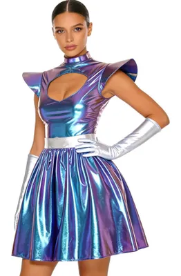 Produktbild von Damen Astronautin Kostüm Gr. XXL Metallic Alien Space Girl Kleid mit Handschuhen Halloween Fasching Cosplay Karneval Rave Konzert