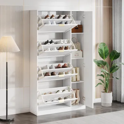 Produktbild von AIORBER Moderne Schuhschrank mit Spiegel 4 Kippfächer Verstellbare Regale Schmaler Schuhkipper Platzsparende Schuhaufbewahrung Flur B80xH147xT24cm Weiß