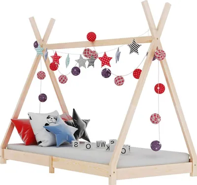 Produktbild von Zimilo Kinderbett Hausbett, 70 x 140 cm, Massivholz Kiefer, Tipi Design, mit Lattenrost, 148 x 76 x 136 cm, Spielbett und Leseplatz, natur, ab 4 Jahren