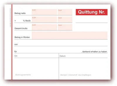 Produktbild von 5 x Formularbuch Quittungsblock DIN A6 Format (105 x 148 mm) mit 50 Blatt, rot, (5 Stück) Quittungsblöcke