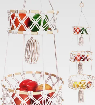 Produktbild von Hängender 3-Stöckiger Obst- und Gemüsekorb, Handgeflochtene Küche-Aufbewahrung, Boho-Design