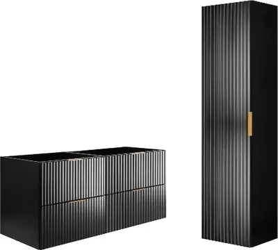 Produktbild von Rodan | Badmöbel Set - Schwarz Matt | 120/57/46 cm & 35/136/27 cm | Waschbeckenunterschränke, Bad Möbel, Hochschrank, Badezimmerschränk
