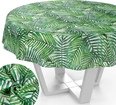 Produktbild von Tischdecke Tropik aus Textil mit Blumen Pflanzen wasserabweisend Tischtuch Tischwäsche Aquarell Grün Rund 140cm mit Schnittkante
