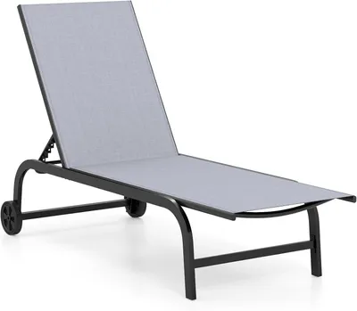 Image de Chaise longue COSTWAY, chaise longue de jardin avec dossier réglable en 6 positions, roulettes et tissu à séchage rapide, chaise longue à roulettes pouvant supporter jusqu'à 150 kg, chaise longue grise