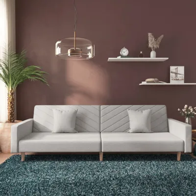 Immagine prodotto di Divano letto 2 posti con 2 cuscini, colore grigio chiaro, rivestito in tessuto