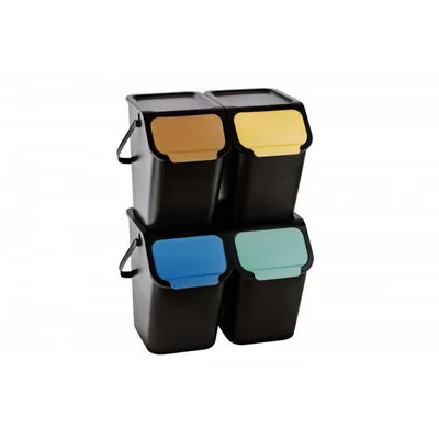 Four stackable waste separation bins with different colored lids.