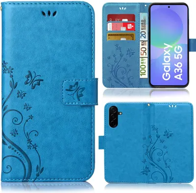 Produktbild von Handytasche für Samsung Galaxy A36 5G Schutz Hülle Handyhülle mit Blumenmuster Klapp Hülle mit Standfunktion und Kartenfächer Farbe: Blau