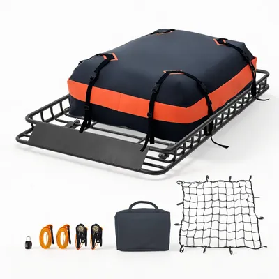 Produktbild von Dachkorb Auto - Dachgepäckträger - Q195-Stahl - 137 x 86 x 10 cm - 90 kg Tragkraft - Mit Wasserdichter Oxford-Tasche - Inkl. Ratschengurte - Für SUV PKW LKW