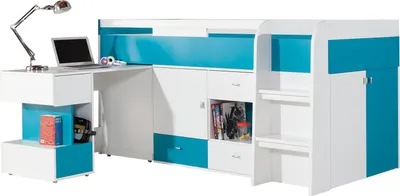 Produktbild von Furniture24 Multifunktionsbett mit ausziehbarem Schreibtisch Etagenbett Hochbett Bett MOBI MO21 mit Federkernmatratze, Kommode und Schrank Weiß/Türkis