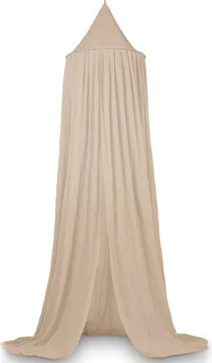 A beige canopy hanging from a single point, with fabric draping down to the floor.