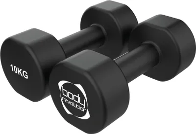 Image de Lot de 2 haltères en néoprène de 10 kg chacun, en fonte avec revêtement antidérapant ; leur forme hexagonale les empêche de rouler, ce qui les rend idéaux pour l'entraînement à domicile, le Pilates et le fitness.