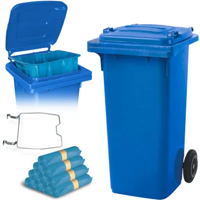 Produktbild von BRB 120 Liter Mülltonne blau mit Halter für Müllsäcke, inkl. 250 Müllsäcke