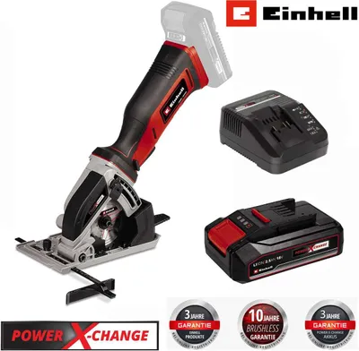 A cordless mini circular saw with its battery and charger, along with marketing badges.