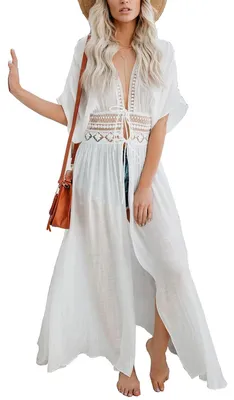 Immagine prodotto di Solidchoice - Kimono lungo in cotone, bianco, con scollo a V