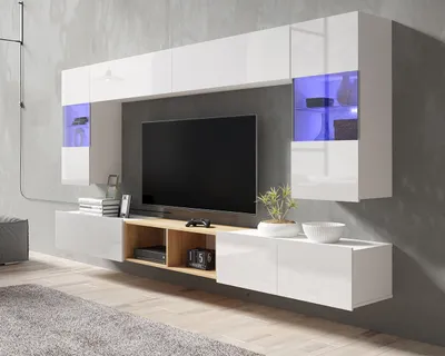 Produktbild von Wohnwand Amanda XIII Komplette Schrankwand Breite 300cm Anbauwand zwei Vitrinen TV-Schrank Wohnzimmer-Set (Weiß matt + Weiß Hochglanz Fronten / Goldene Eiche)