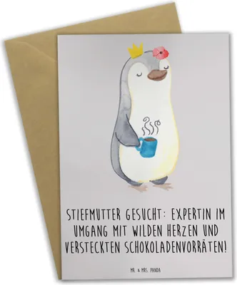 Produktbild von Mr. & Mrs. Panda Grußkarte Stiefmutter Expertin - Grau Pastell - Geschenk, einzigartig, einzigartige Designs, Geburtstage, Stiefkind, einladungskarten, besonders