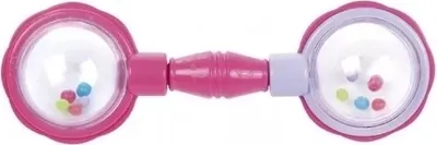 A pink dumbbell-shaped baby rattle with colorful beads inside transparent sections.