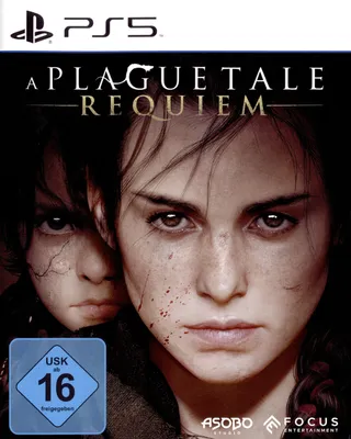 The image shows the cover art for the video game A Plague Tale: Requiem for PlayStation 5. Two characters are prominently featured, with the game title and platform logo at the top. A rating symbol is visible in the bottom left corner.