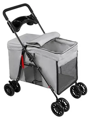 Imagen del producto de Carrito plegable para perros, cochecito para mascotas con portavasos, ventanas de malla, plegable, carrito para paseos con mascotas, ideal para gatos y perros pequeños de hasta 20 kg (gris)