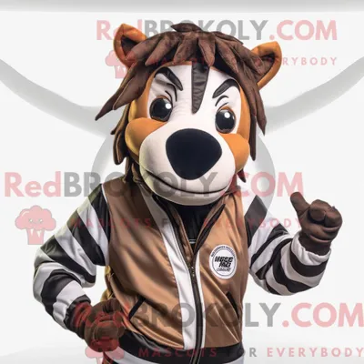 Produktbild von Maskottchencharakter REDBROKOLY eines braunen Zebras mit Windjacke und Gürtel