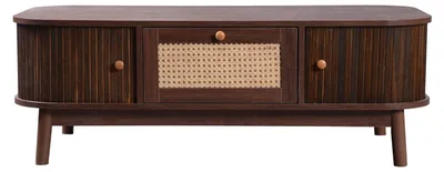 Produktbild von Couchtisch,Rattan-Couchtisch,Schubladen mit Rattan und Schiebetüren mit Massivholzlatten,Massivholzbeine,natürlicher Landhausstil