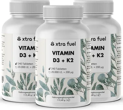 Produktbild von Vitamin D3 + K2 Tabletten - 20.000 I.E. + 200mcg - 100% rein & hochdosiert – 3x Dosen (720x D3+K2 Tabletten)