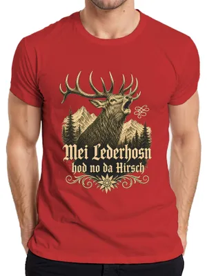 Imagen del producto de Mei Lederhosn, pantalones bávaros tradicionales para , diseño de ciervo, para hombre, camiseta, color rojo, talla S