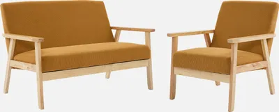 Produktbild von sweeek - 2-Sitzer-Banksofa + Sessel aus Cord-Bezug, Holzbeine - Senfgelb