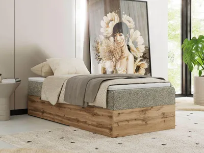 Produktbild von MKS MEBLE Boxspringbett 90x200 WOOD ZERO ohne Kopfteil, mit Bettkasten & Stauraum, 7-Zonen-Taschenfederkernmatratze, modernes Einzelbett in Holzoptik - Grau Strukture - H3 - Topper T25